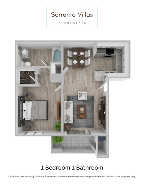Floor plan for 1 bed, 1 bath, 570 sqft